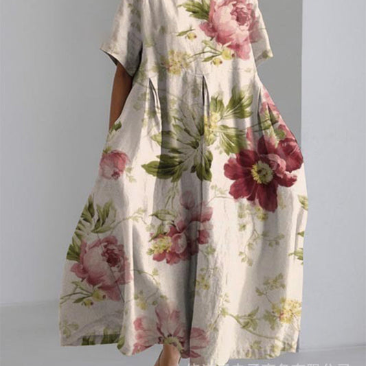 🔥Vintage-klänning med snörning och tryck i botanisk blommönsterdesign för kvinnor
